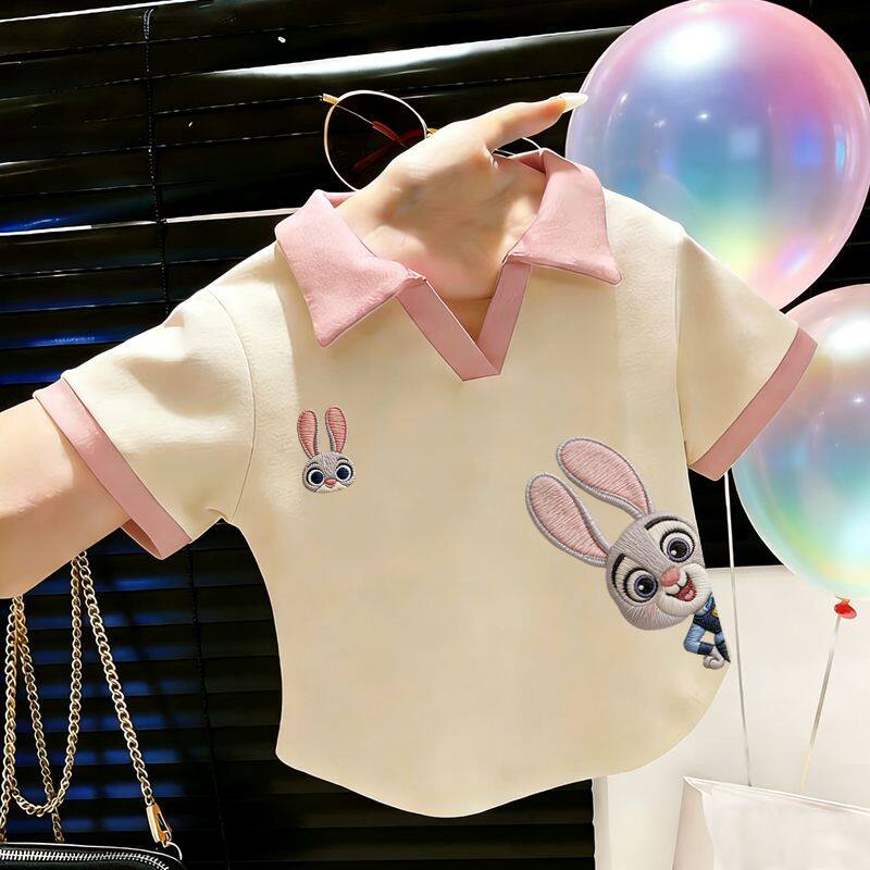 儿童夏季polo衫超好看女童短袖t恤纯棉韩系卡通兔子印花女孩上衣T