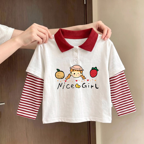 女童长袖Polo衫纯棉假两件上衣