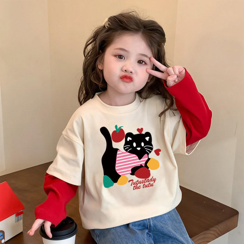 女童长袖t恤2026新款洋气时髦卡通儿童纯棉打底衫女宝宝春装上衣