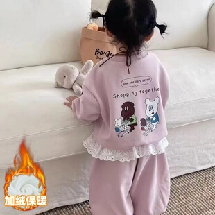 宝宝加绒套装女童超好看韩系秋冬装卡通小女孩卫衣两件套儿童衣服