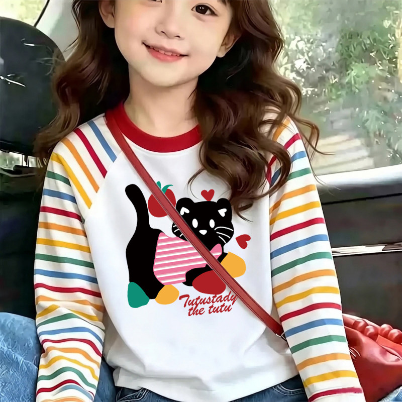 可爱猫咪印花插肩袖长袖t恤女童打底衫内搭可外穿女孩超好看上衣T