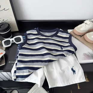 宝宝背心套装夏薄款男女孩儿童条纹无袖短裤两件套痞帅男中小童装