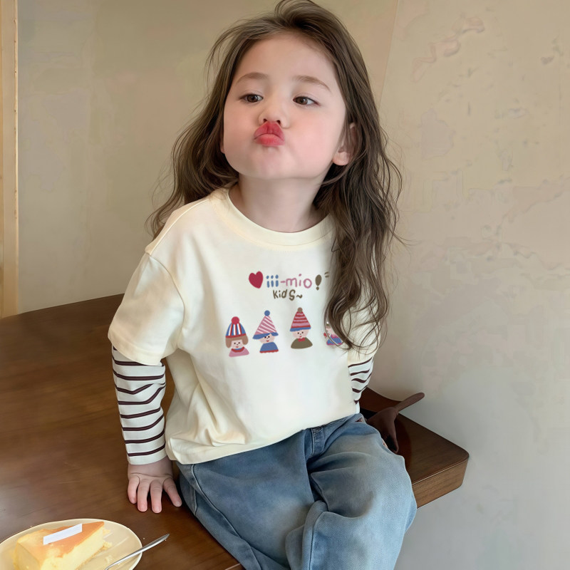 女童超好看长袖t恤假两件儿童春季洋气上衣撞色拼接女宝打底衫潮T