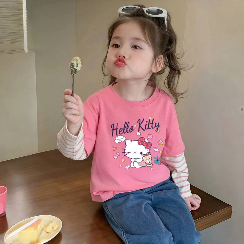 纯棉儿童长袖t恤女童春装上衣2026新款卡通KT猫宝宝假两件打底衫T