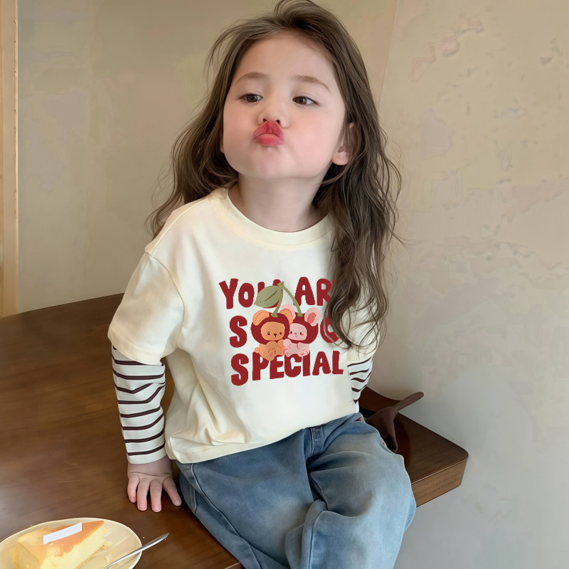 女童长袖纯棉t恤2026新款卡通小熊儿童假两件打底衫宝宝春季上衣T