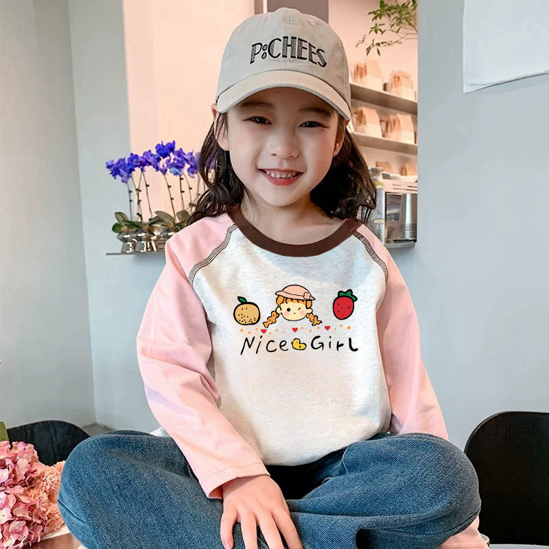 女童t恤长袖纯棉韩版卡通小女孩撞色儿童春秋宝宝洋气时髦打底衫T