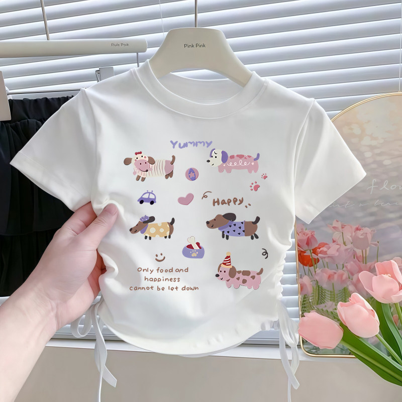 100纯棉女宝宝短袖T恤短款抽绳儿童衣服韩系卡通小狗女童夏季上衣