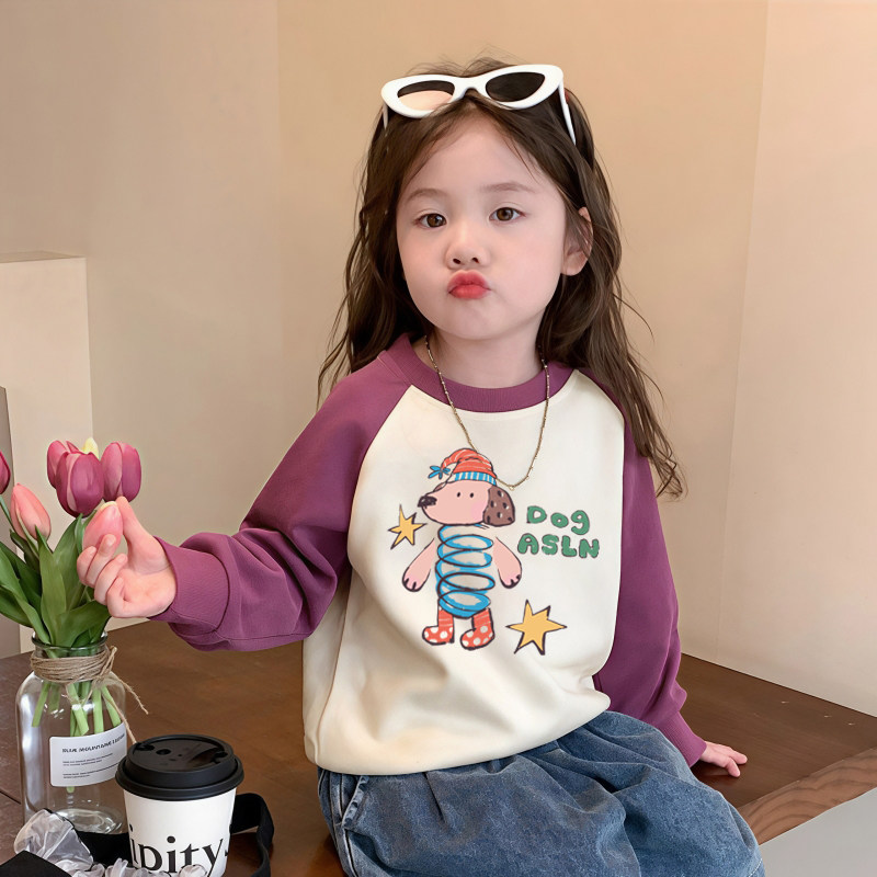 女童卫衣春秋款洋气百搭拼接长袖卡通印花插肩袖女孩宝宝加绒上衣