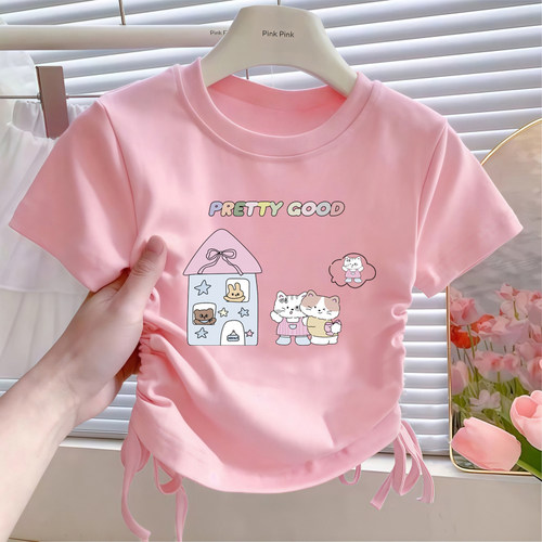 女童抽绳短袖t恤纯棉夏薄款上衣