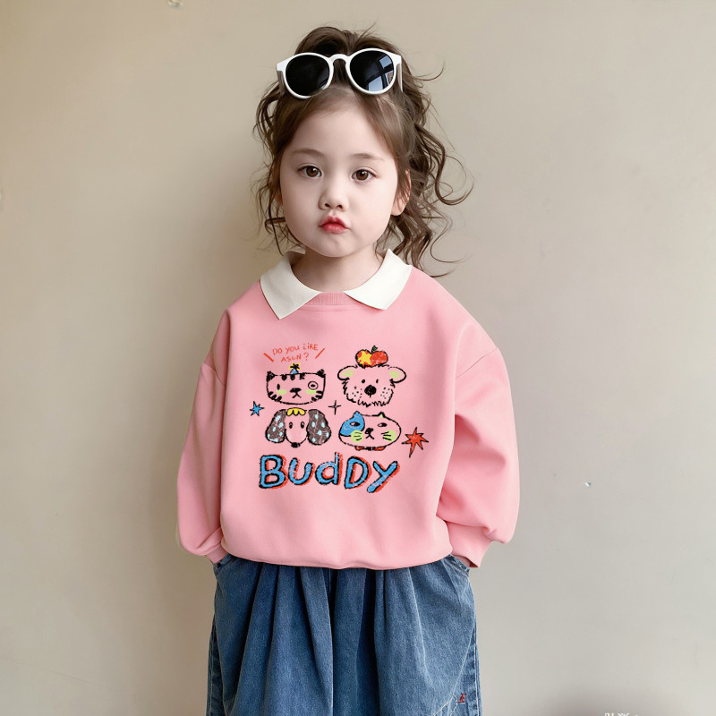 女童polo领卫衣春秋款2026新款儿童卡通印花长袖女孩秋冬加绒上衣