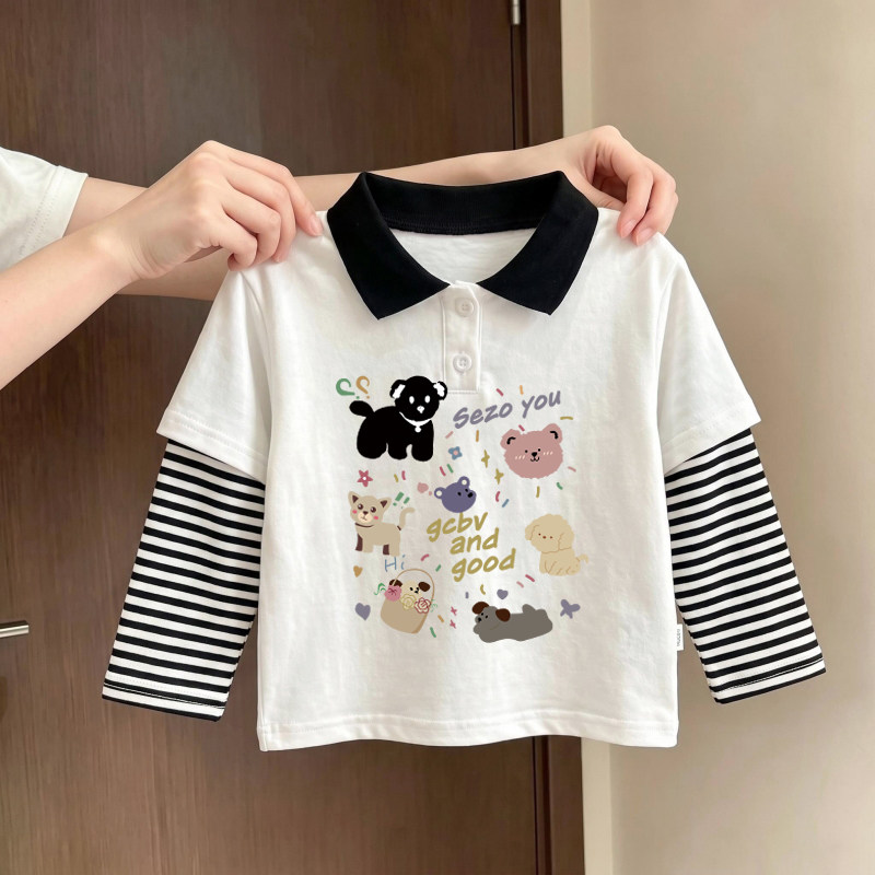 儿童polo衫女童假两件长袖t恤纯棉春秋上衣卡通小狗印花宝宝衣服