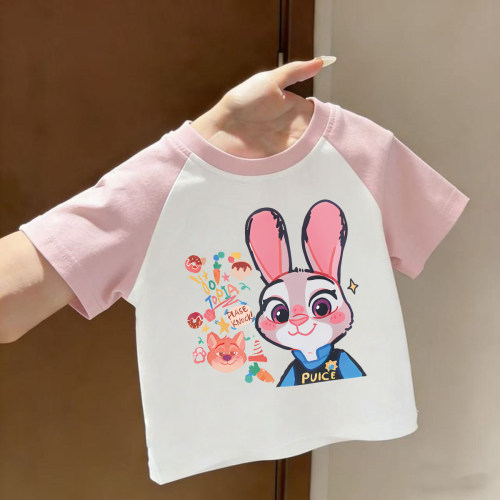 女童纯棉短袖t恤夏季洋气拼色儿童衣服宝宝卡通可爱兔子警官上衣T
