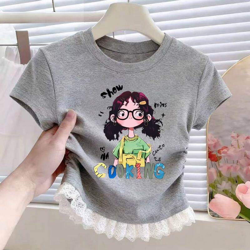 灰色蕾丝花边短袖女童t恤纯棉夏季卡通小女孩宝宝巨好看韩系上衣T