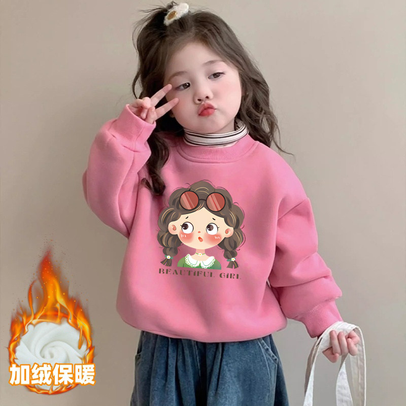 女童加绒卫衣2025新款秋冬洋气卡通小女孩儿童假两件高领保暖上衣