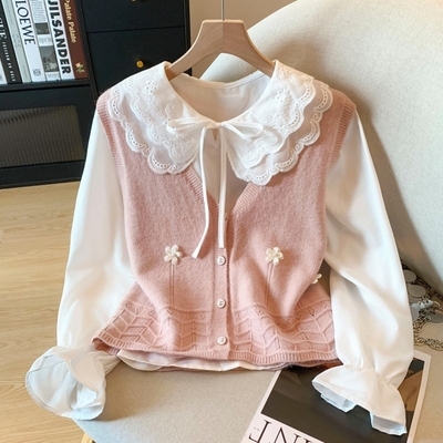 针织马甲+白色娃娃领衬衫两件套