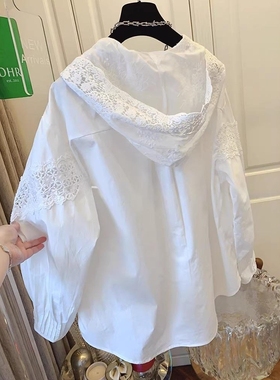 白色连帽纯棉衬衫女长袖2025年春秋大版宽松蕾丝拼接防晒衫空调衫