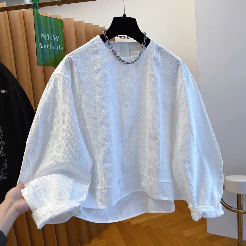 白色肌理感棉布衬衫女长袖2025年秋季新款圆领宽松套头娃娃衫上衣