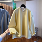 遮屁股套头长袖 黄色V领假两件卫衣女秋季 2025松弛风宽松大版 上衣