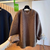 圆领羊羔毛卫衣冬大码 女装 胖mm加绒加厚慵懒风宽松套头毛茸茸上衣