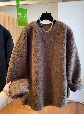 圆领羊羔毛卫衣冬大码女装胖mm加绒加厚慵懒风宽松套头毛茸茸上衣