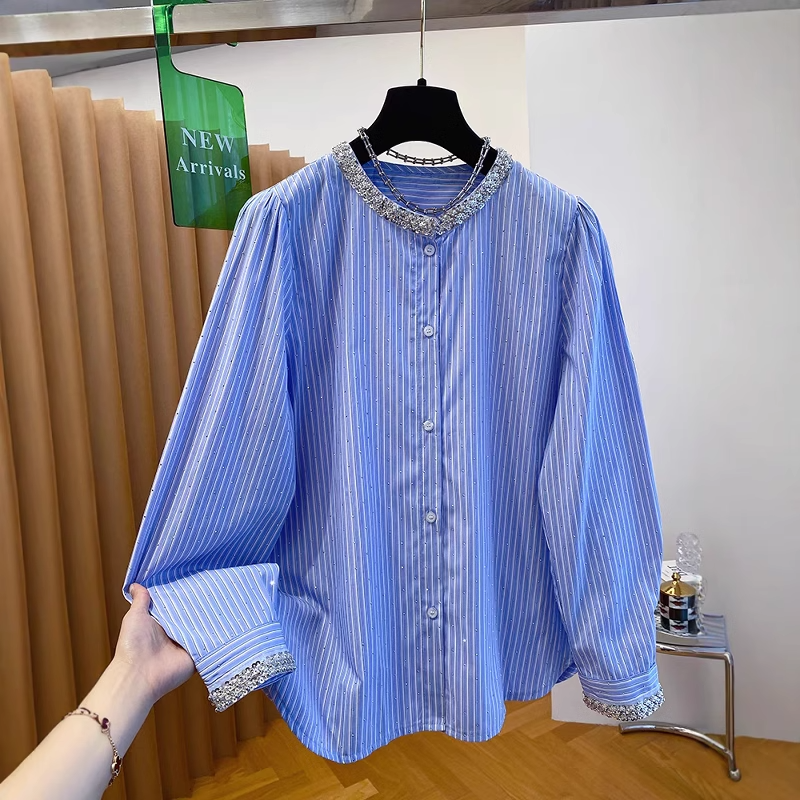 重工烫钻蓝色条纹衬衫女长袖2025春秋新款高级感圆领宽松时髦上衣
