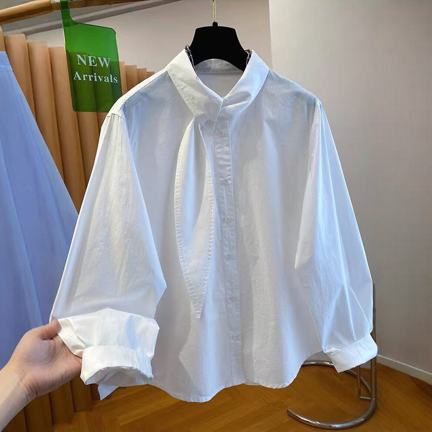 白色纯棉衬衫女长袖2026年春季大码宽松翻领不规则飘带设计感上衣