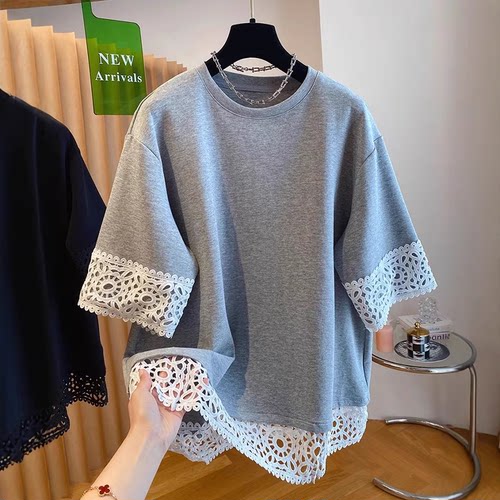 蕾丝拼接短袖纯棉t恤女宽松上衣