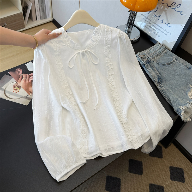 白色V领系带棉布衬衫女长袖2025年秋季新款蕾丝拼接宽松套头上衣