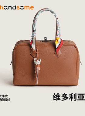 维多利亚复古帆布拼接进口真皮手工手提包单肩女包