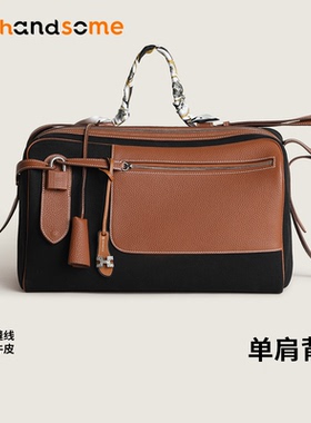 欧美风轻奢高级感帆布拼接进口牛皮多用途大容量旅行包单肩背包