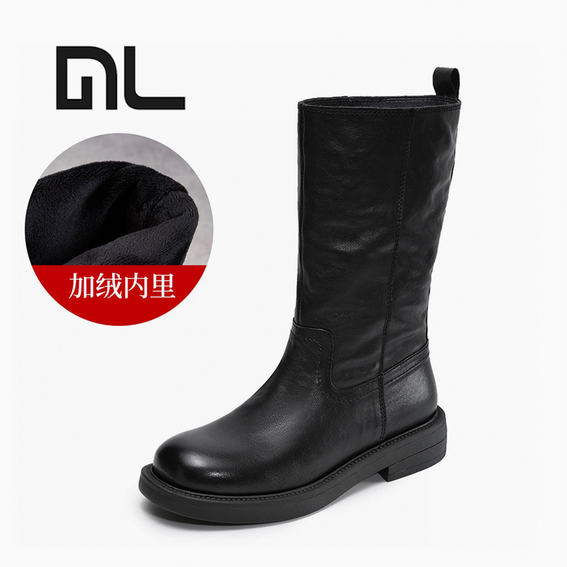 头层牛皮复古中筒靴加绒靴