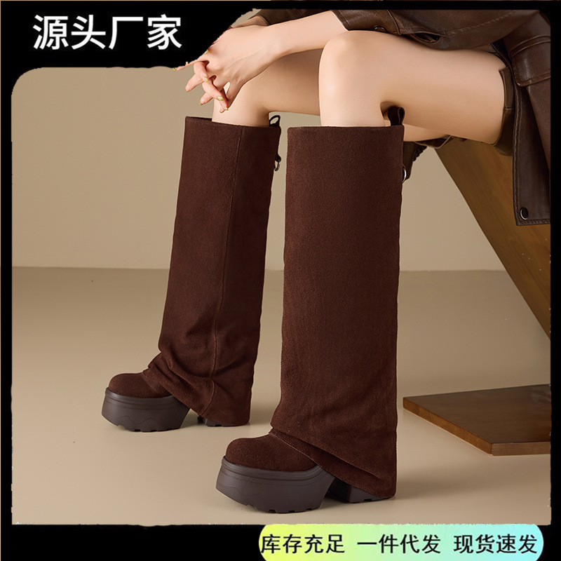 12cm堆堆长筒靴两穿女靴秋冬新款增高裤管靴粗跟厚底骑士靴女