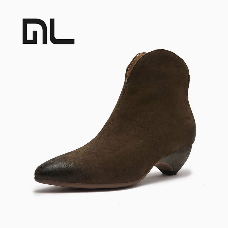 法式高级感瘦瘦靴真皮V口尖头