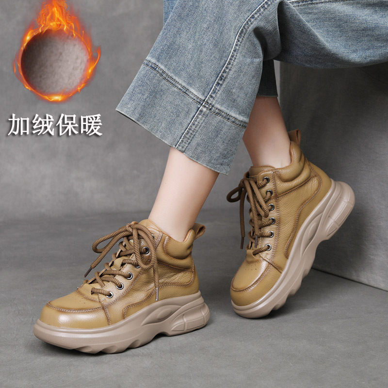 吉树热销25冬真皮加绒保暖棉鞋厚底休闲系带真皮透气女鞋一件代发