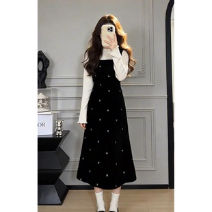 miu系富家千金高级感穿搭黑色连衣裙子女早春2026新款套装长裙女