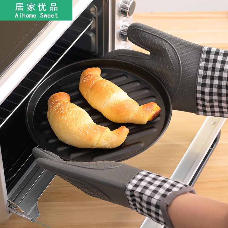 居家优品北欧格子厨房家用加厚纯棉硅胶烘焙加厂款微波炉烤箱手套