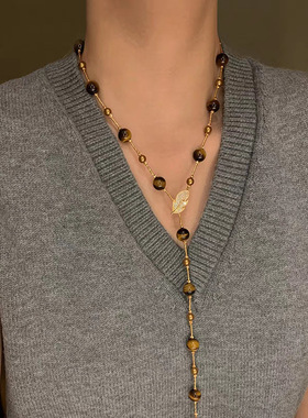 美拉德天然虎眼石珍珠串珠项链女复古轻奢小众长款叠戴卫衣链