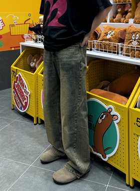 SSLstudio美式复古宽松水洗做旧黄泥休闲长裤直筒百搭情侣牛仔男