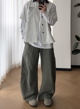 SSLstudio弯刀工装裤男女vibe风宽松直筒美式纯棉阔腿休闲拖地裤