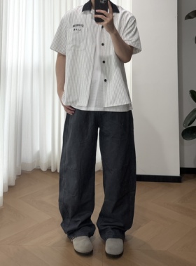 SSLstudio美式复古水洗弯刀裤男士宽松直筒阔腿伞兵工装休闲裤子