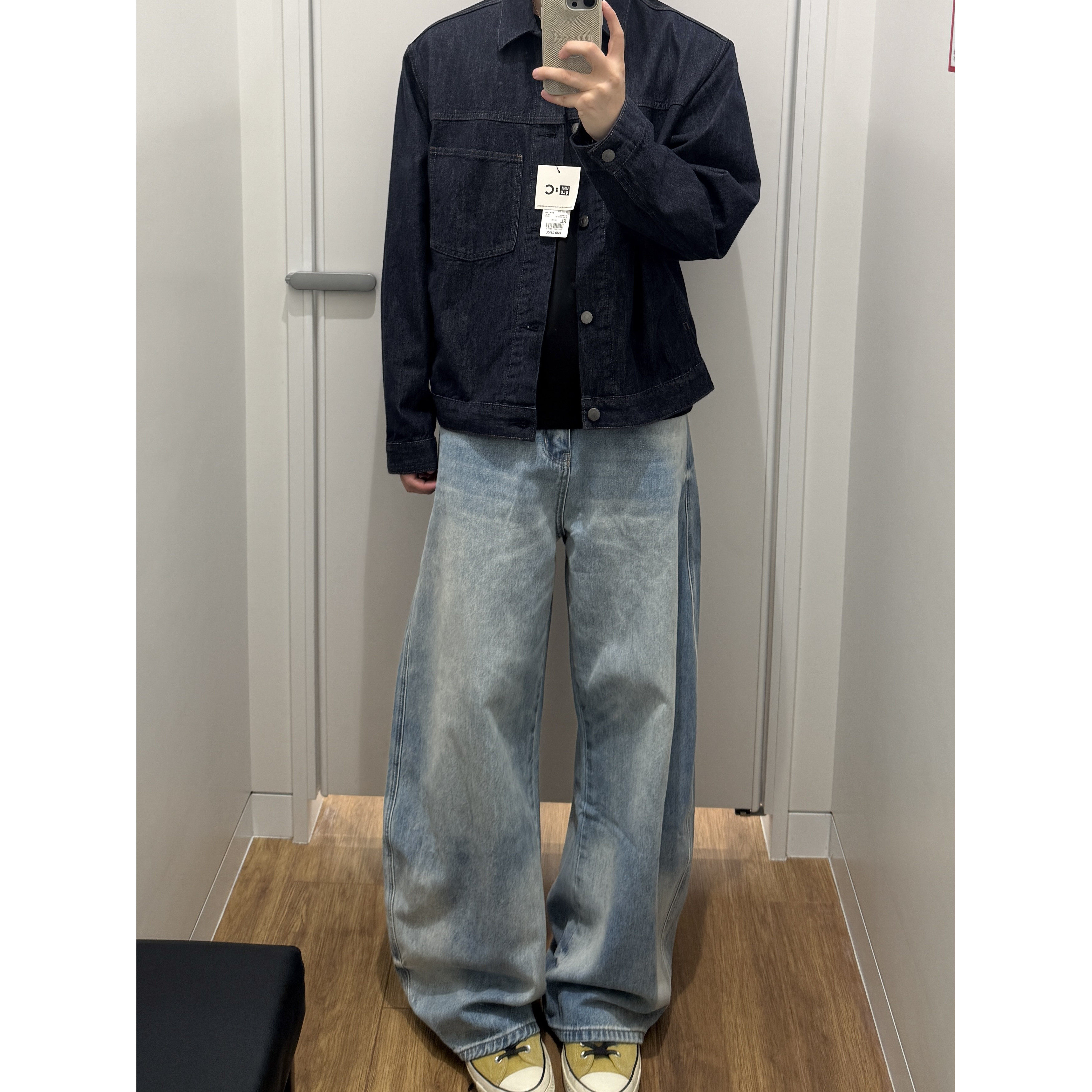 SSLstudio美式浅蓝色渐变水洗牛仔裤男女简约质感宽松弯刀阔腿裤