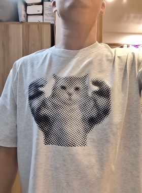 纯棉肌肉猫咪健身趣味卡通印花短袖T恤男女夏季宽松休闲情侣上衣
