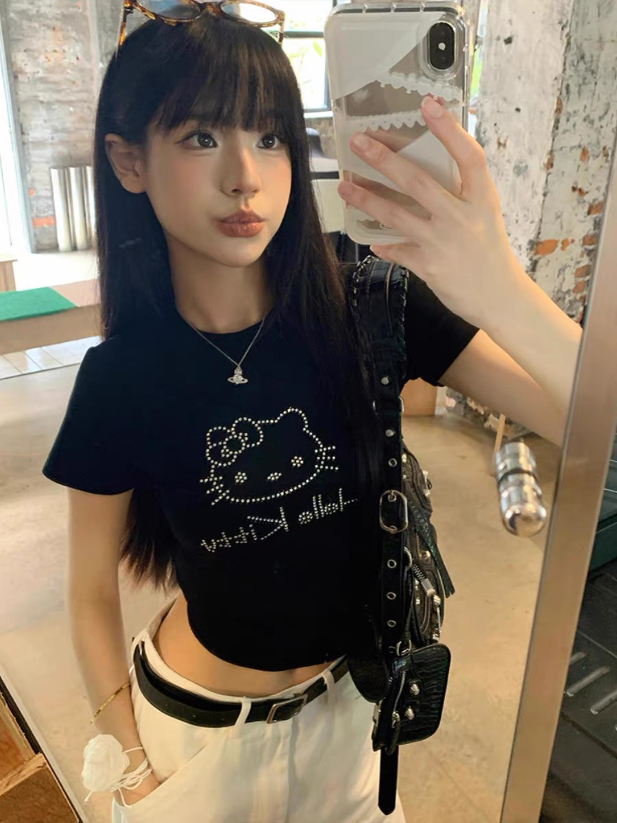 美式烫钻短袖女夏季新款hellokitty修身显瘦短款t恤甜辣jazz上衣