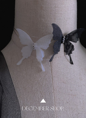 夏日薄纱闪钻白色蝴蝶项链仙气暗黑锁骨链choker脖子饰品脖带新款