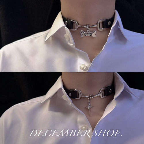 choker项圈颈链男锁骨链配饰cos朋克puppy牵引绳金属链骨头牌女m