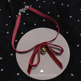 新款 圣诞礼物choker锁骨链可爱酒红色蝴蝶结铃铛项链约会配饰项圈