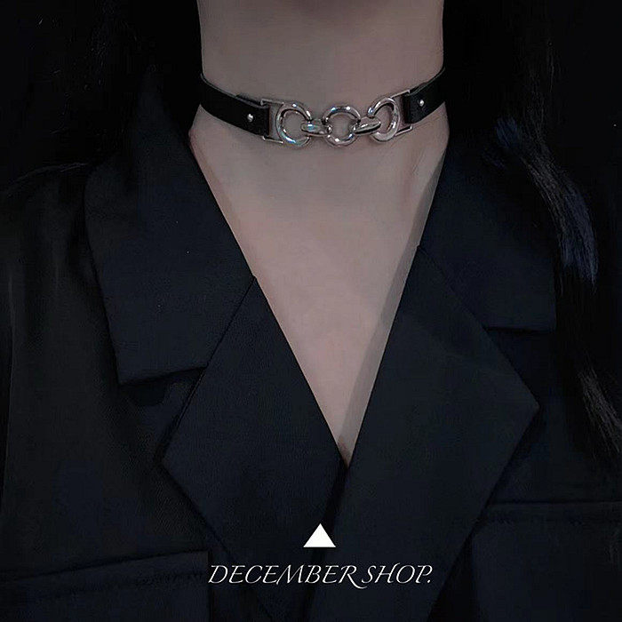 包邮黑色金属链条圆环颈带气质项圈锁骨链网红同款皮带短款小众