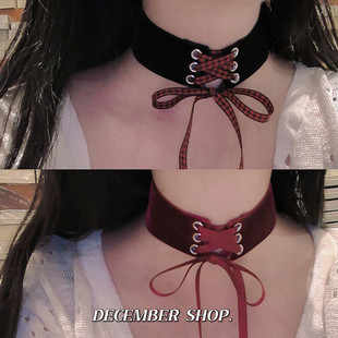 新品 暗黑少女万圣节绑带颈链项链夸张choker酒红蝴蝶结锁骨链配饰