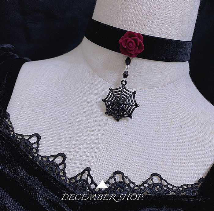 包邮暗黑玫瑰蜘蛛网choker丝绒项链吸血鬼项圈万圣节饰品锁骨链