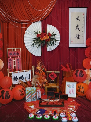 男女宝宝周岁宴布置新中式国风装饰背景墙生日宴抓周道具套餐租赁
